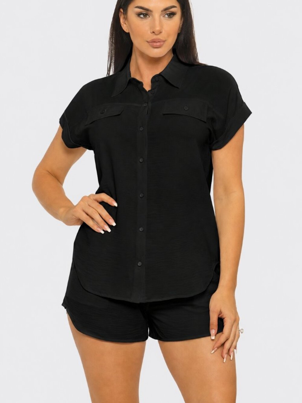 Front Button Down Flap Pockets Top And Shorts Set Black NEW